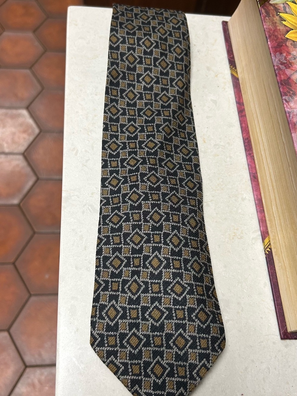 Giorgio Armani Black Tie with Gold and Gray Geometric Pattern